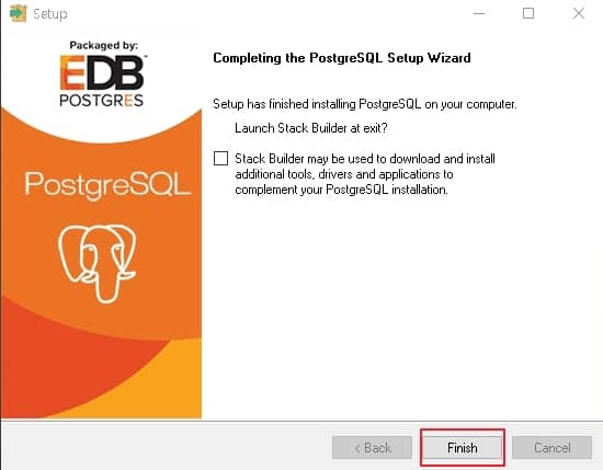  PostgreSQL 설치 완료 "Finish" 버튼을 클릭 