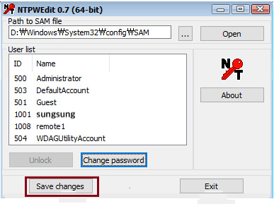 Save changes 클릭 - 윈도우 10 암호 분실 해결 완료