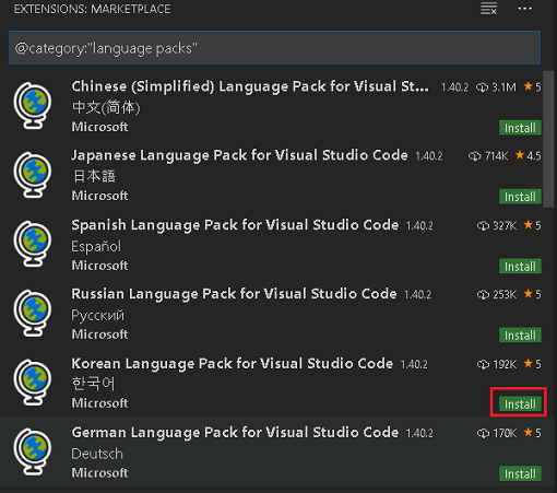 Korean Laguage Pack for Viual Studio Code  - install 클릭